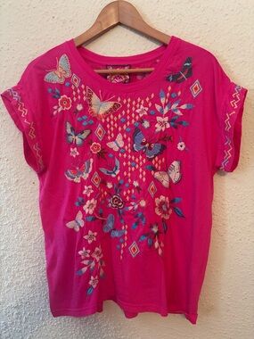 Johnny Was Hot Pink Butterfly & Floral Embroidered Tee
